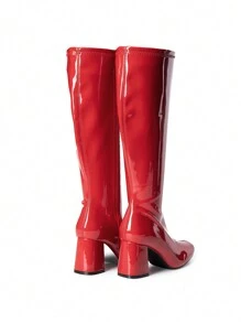 Women Gogo Boots Classic Square Toe Tall Boots Chunky Side Zipper Solid Color Versatile  Fashionable Knee High Boots - 紅色 - 查看 6