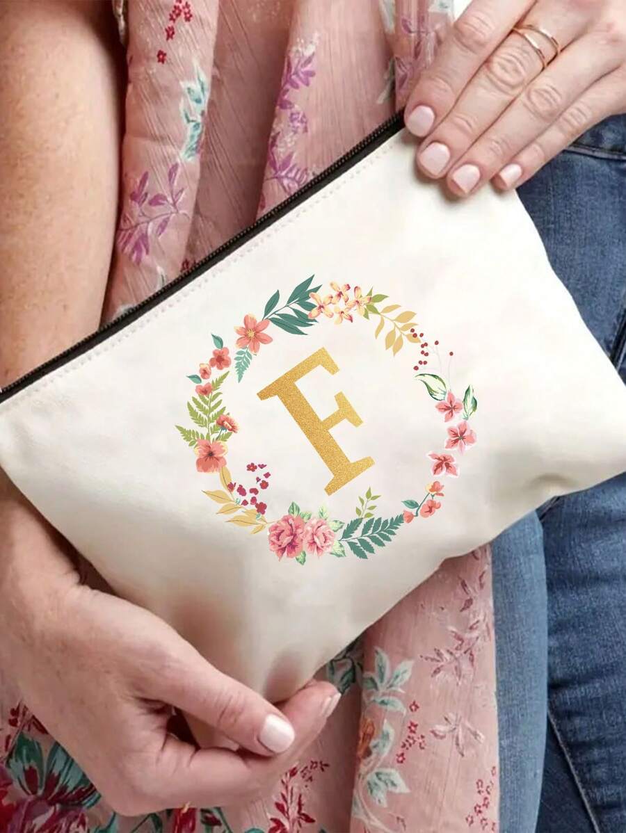 1个A-Z花卉印花化妆包,女士化妆包钱包,字母图案洗漱包,婚礼派对洗漱包,拉链手机包,铅笔盒,化妆包,旅行洗漱包,必备礼品收纳包,拉链配件,美甲包,包,化妆包,梳妆台,旅行,收纳包,化妆包,旅行必备 - 白色 - 查看 1