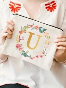 1个A-Z花卉印花化妆包，女士化妆包钱包，字母图案洗漱包，婚礼派对洗漱包，拉链手机包，铅笔盒，化妆包，旅行洗漱包，必备礼品收纳包，拉链配件，美甲包，包，化妆包，梳妆台，旅行，收纳包，化妆包，旅行必备 - 白色 - 查看 10