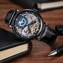 ONOLA Mechanical Watches Hollow Skeleton Business Luxury Automatic Moon Phase Watch Waterproof - 黑色 - 查看 2