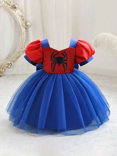 Baby Girls' Blue Puff Sleeve Tulle Princess Dress, Suitable For Parties
