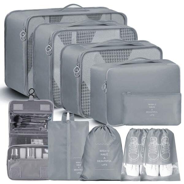 Koffer Organizer Set 10-Teilig, Travel Bag Organizer, Kofferorganizer Packtaschen Set, Packing Cubes Set for Backpack, Packwürfel Koffer Wäschesack Schuhe Beutel Travel Essentials