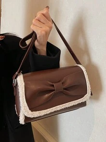 小众百搭蝴蝶结法棍包 蓬松边时尚女士单肩包 腋下通勤包 棕色方形单肩包 适合白领、学生 - 棕色 - 查看 4