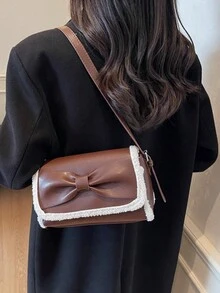 小众百搭蝴蝶结法棍包 蓬松边时尚女士单肩包 腋下通勤包 棕色方形单肩包 适合白领、学生 - 棕色 - 查看 1
