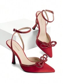 Women's Rhinestone Bow High Heels Ankle Strap Pumps Closed Toe Strappy Heels Sexy Fashionable Wedding Bridal Party Dress Shoes - Đỏ - Xem 5