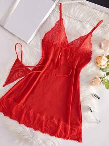 2 件套蕾丝透视 V 领睡袍和丁字裤，时尚浪漫性感内衣 - 紅色 - 查看 3