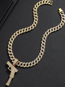 1pc European And American Style Men's Fashion Personality Hip Hop Gun Shaped Pendant Necklace With Full Rhinestones, Suitable For Jewelry Festival Parties