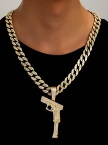 1pc European And American Style Men's Fashion Personality Hip Hop Gun Shaped Pendant Necklace With Full Rhinestones, Suitable For Jewelry Festival Parties