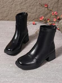 Women's Round Toe Lace Up Patchwork Boots, Thick Sole Vacation Style Ankle Boots, Vintage Buckle Decor
