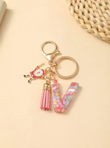 1pc Christmas Santa Claus Key Chain With Alphabet Resin Charm & Butterfly Tassel, For Girls - Pink - View 19