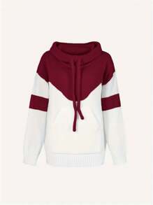 Sudadera de punto con capucha y cordón, diseño de bloques de color, talla grande, manga larga, sudadera tipo pullover con bolsillos, prenda casual y cálida para otoño, invierno y primavera - Rojo - Ver 2