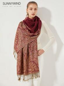 1pc Women's Paisley Pattern Polyester Elegant Versatile Scarf, Suitable For Daily Use - Burgundy - View 5