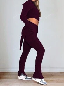 Dames 2-delige set: capuchon Arc Hem Zip-Up jas en split zoom zakken lange broek pak voor de herfst