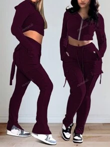 Dames 2-delige set: capuchon Arc Hem Zip-Up jas en split zoom zakken lange broek pak voor de herfst
