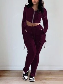 Dames 2-delige set: capuchon Arc Hem Zip-Up jas en split zoom zakken lange broek pak voor de herfst