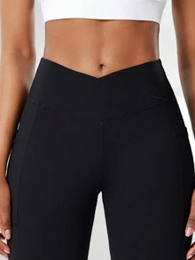 Bộ 2 quần tập yoga chéo lưng chữ V có túi bên hông, quần bó bó cạp cao nâng mông tập luyện, quần tập thể dục thoáng khí khô nhanh - màu đen - Xem 9