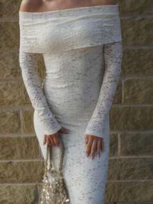 WOWDARK Women's Elegant Solid Color Off Shoulder Lace Long Sleeve Dress, Autumn - White - View 6