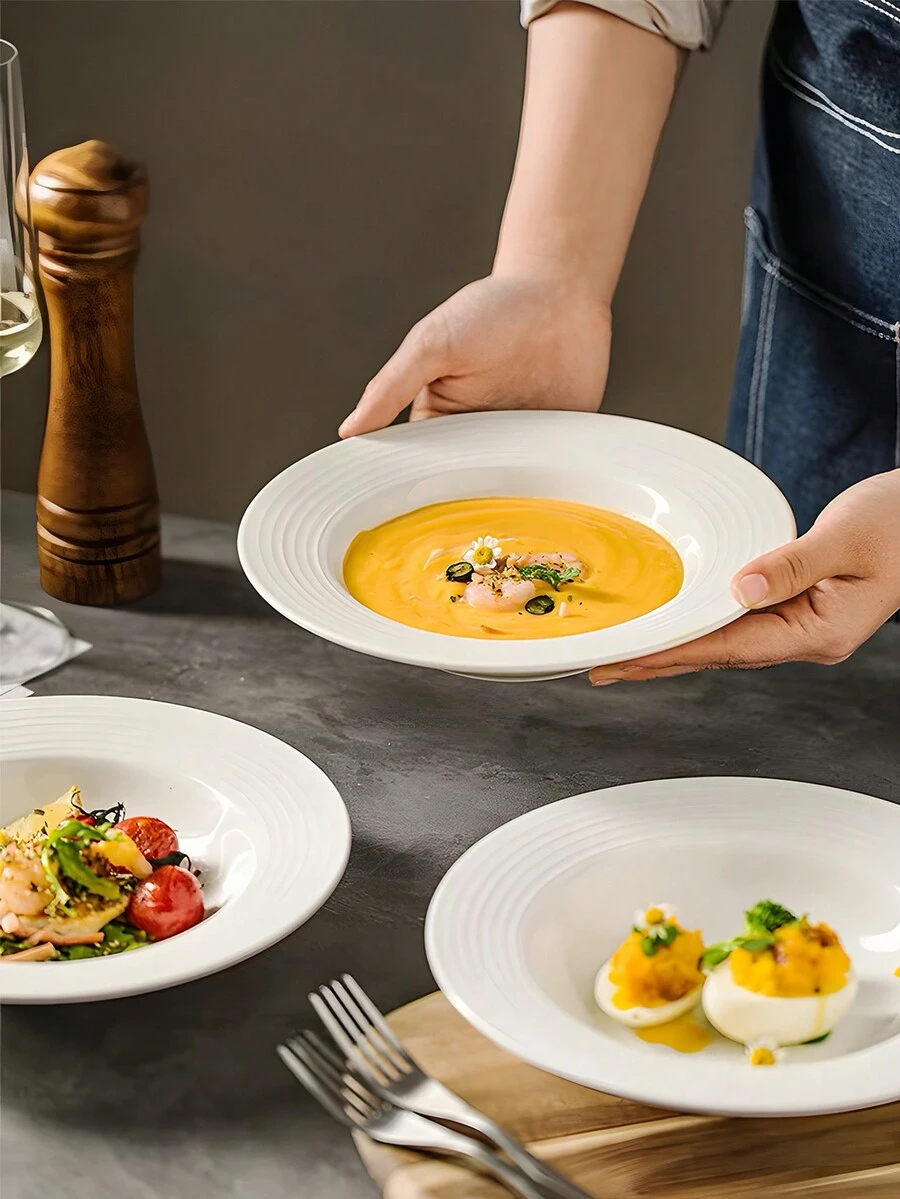 1pc High-End Textured Ceramic Dinner Plate, Suitable For Restaurant/Home Use, Salad, Pasta, Practical Tableware