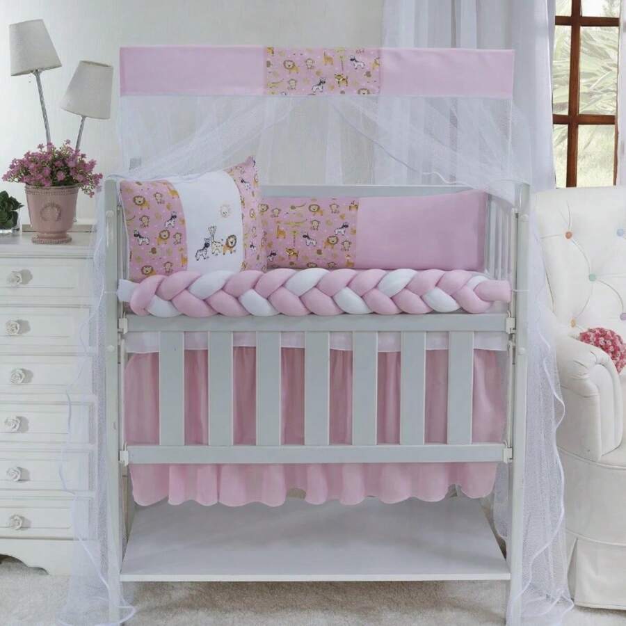 Classic Mini Crib Kit For Girls And Boys, 6 Pieces With Complete Printed Skirt - 粉紅色野生動物園 - 查看 1