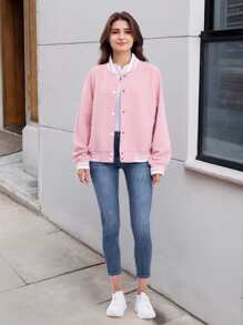 Women's Lightweight Baseball Jacket - Versatile Stitching Fabric Outerwear With Multi-Fabric Options And Unique Patterns - Pink - View 4