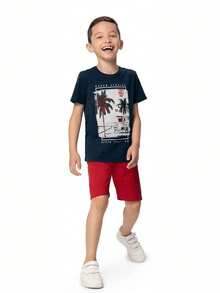 Children's Set For Boys With Blue Coconut Tree Print Shirt And Red Malwee Bermuda Shorts - 藍色 - 查看 1