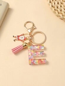 1pc Christmas Santa Claus Key Chain With Alphabet Resin Charm & Butterfly Tassel, For Girls - Pink - View 11
