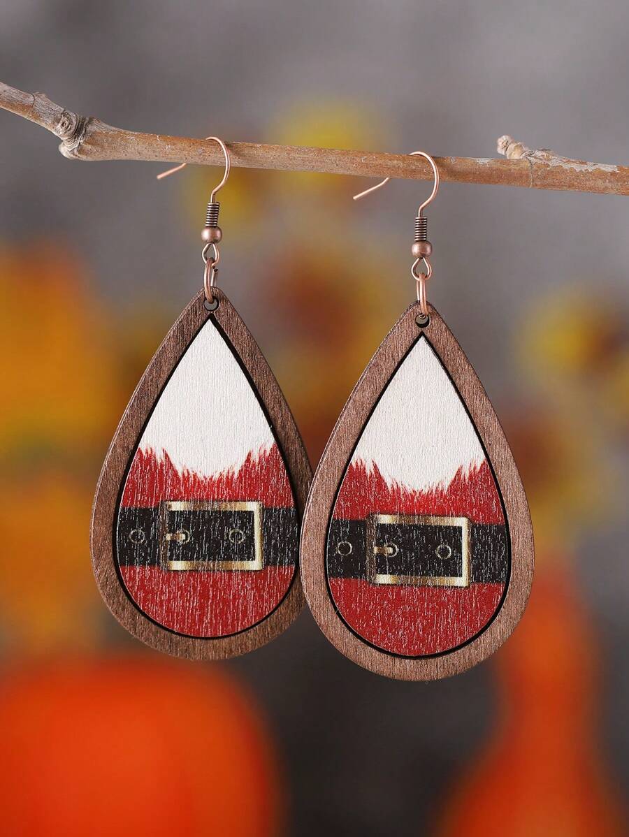 1 对复古圣诞圣诞老人腰带水滴吊坠耳环，女士多层立体木质简约风格时尚耳环，节日派对礼物 - 3665 - 查看 1