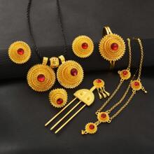 6pcs/Set Golden Color Multi-Layer Jewelry Set, Earrings, Rings, Necklace, Bracelet, Hair Chain, Hairpin, Party Gift - A - View 6