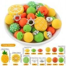 55Pcs/Bag Fruit Flower Cactus Silicone Focal Beads Round Beads Silicone Lentil Beads Set Use For Beadable Pen Keychain DIY Handmade Accessories