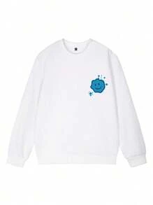 Tween Girl 笑脸和字母印花圆领运动衫，时尚温暖舒适长袖上衣，适合秋冬季 - 白色 - 查看 4
