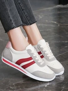 女士圆头系带平底运动鞋，清新组合休闲/学生风格白鞋 - 紅色 - 查看 5