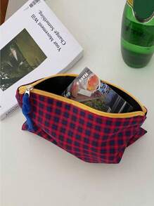 Una bolsa de maquillaje con bloqueo de color a cuadros y cremallera, bolsa de almacenamiento de maquillaje, bolsa de viaje portátil, bolsa de almacenamiento de artículos de tocador, bolsa de viaje para cosméticos y artículos de tocador, brochas de maquillaje, lápiz labial, cepillos, productos de cuidado de la piel, teléfono móvil, monedas, artículos pequeños, Navidad, regalos, vacaciones, uso multifuncional.