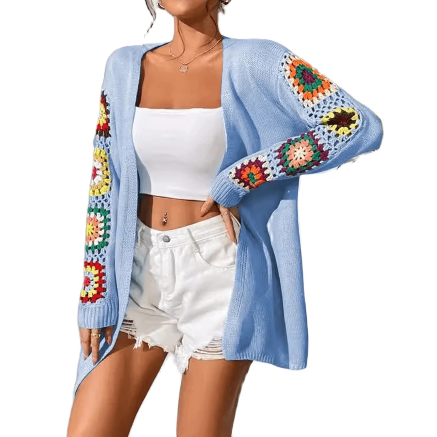 Womens Boho Floral Crochet Cardigan Long Sleeve Open Front Knitted Sweater Cardigans Fall Knitwear Coat - 天藍色 - 查看 1