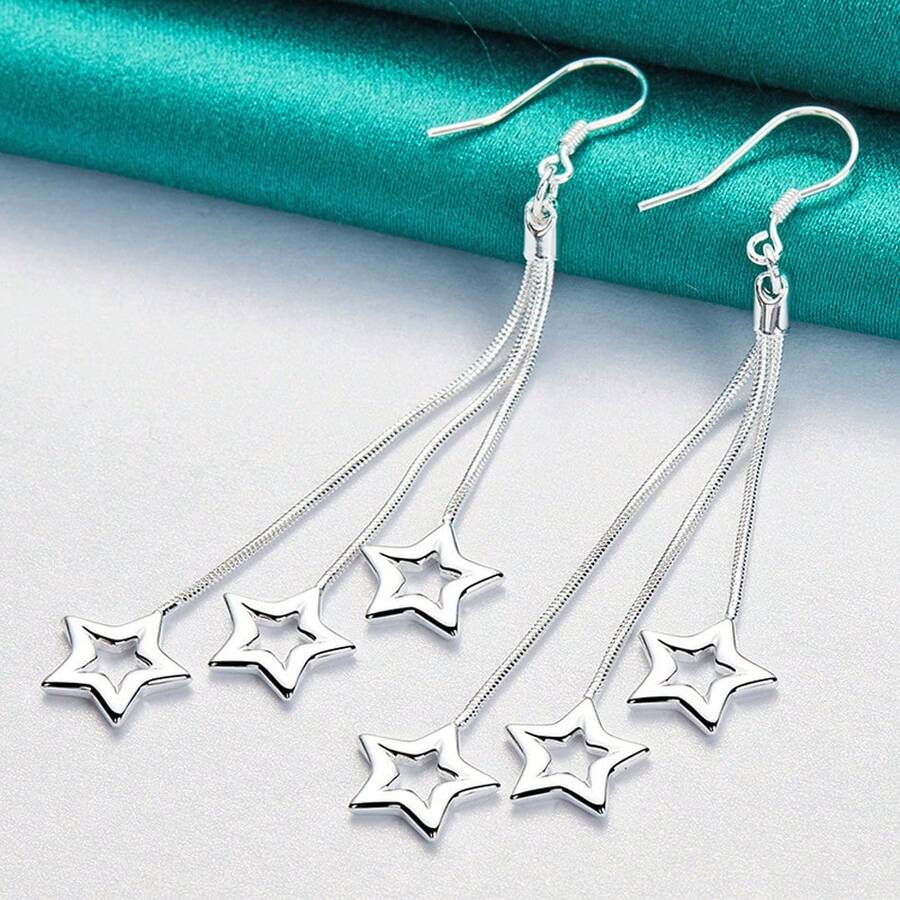 925 Sterling Silver Gold Plated Star Earrings, Fashionable Jewelry For Women Wedding Engagement Party - Silver - View 1