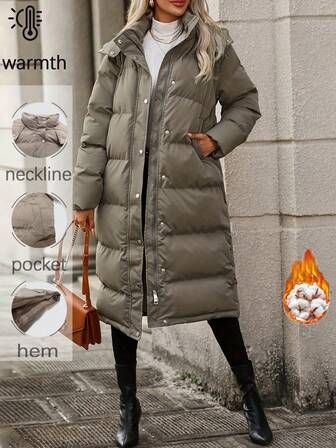 Winter New Casual Solid Color Mid-Length Padded Coat Warm Zipper Hooded Padded Coat Women's Clothing