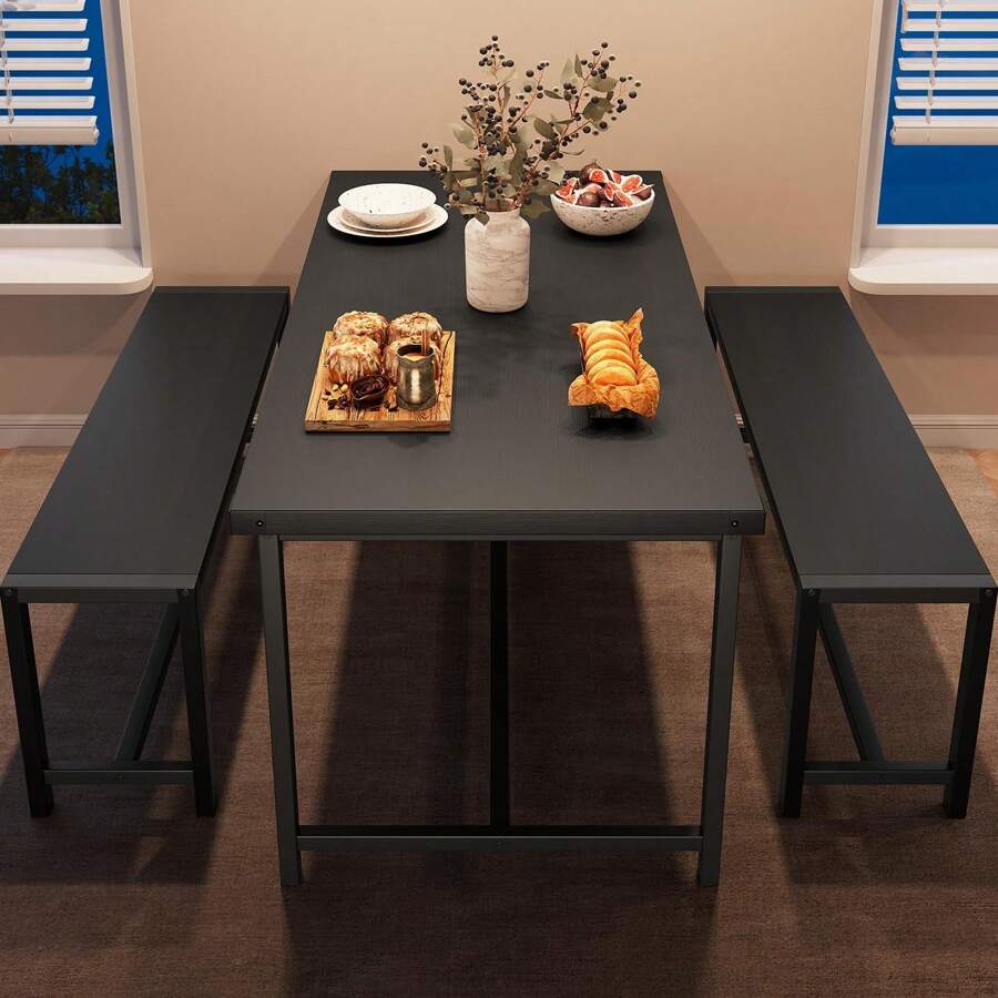 Dining Table Set For 4, Kitchen Table With 2 Metal Wood Benches, Rectangular Room Dining Table Set, 3 Piece Farmhouse Kitchen Table Set For Small Space, Apartment, Studio, Rustic Black, Rustic Gray, Rustic Brown - Rustic Black - View 1