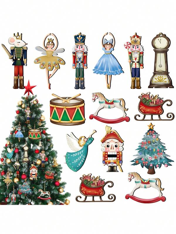 12/24Pcs Christmas Nutcracker Wooden Ornaments Wood Hanging Decoration Set For Christmas Tree Holiday Home Decor Xmas Party Supplies