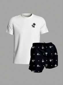Men's Set Cotton T-Shirt + Tactel Shorts Beachwear Coconut Trees - màu đen - Xem 1