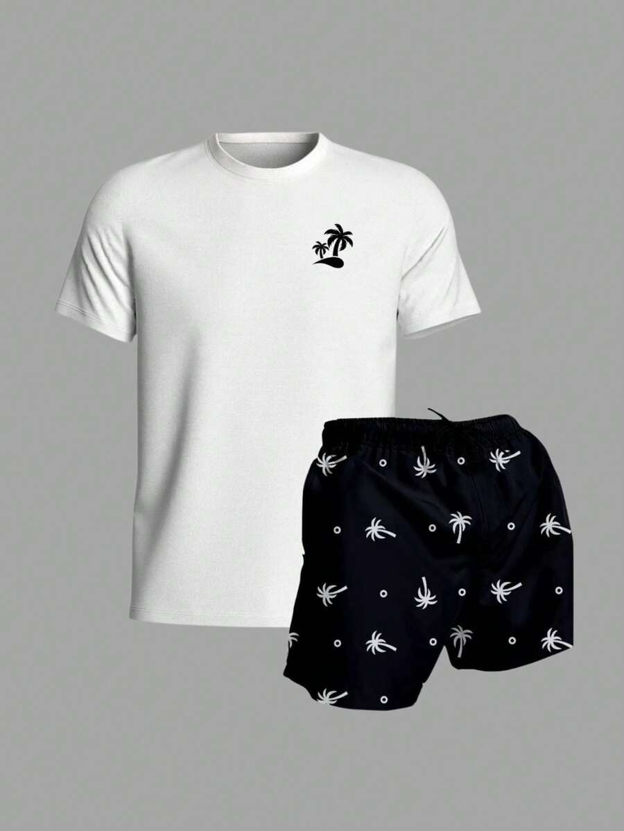Men's Set Cotton T-Shirt + Tactel Shorts Beachwear Coconut Trees - màu đen - Xem 1
