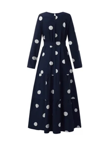 Women Modest Dress Elegant Casual Loose Abaya Long Sleeved Polka Dots Printed O-Neck Maxi Robe