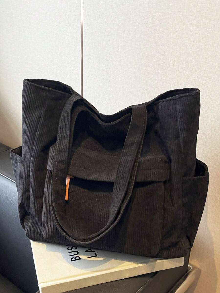女士时尚纯色灯芯绒手提包，大容量休闲户外度假旅行单肩包，轻便多功能购物杂货收纳手提包，简约多口袋通勤腋下包，适合日常办公使用