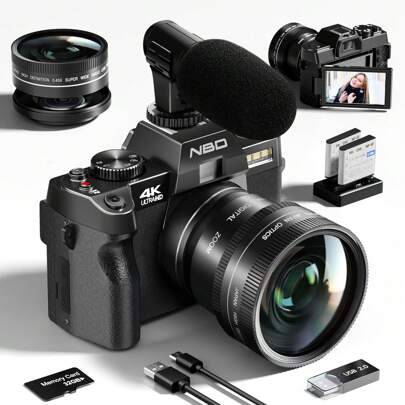 NBD 48MP 4K-videocamera, 3,0 inch kantelbaar scherm, vlogcamera, groothoeklens, 16x digitale zoom, fotocamera (zwart)