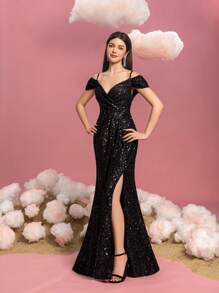 Teen Girl Open Shoulder Spaghetti Strap Sequin Slit Party Dress