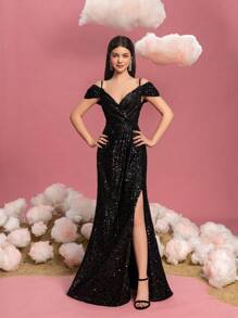 Teen Girl Open Shoulder Spaghetti Strap Sequin Slit Party Dress