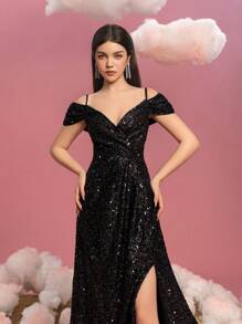 Teen Girl Open Shoulder Spaghetti Strap Sequin Slit Party Dress