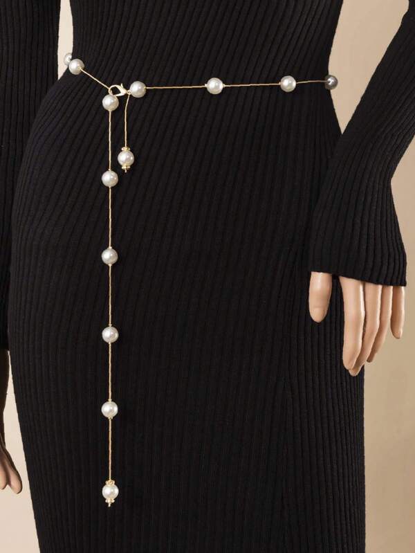 1pc Solid Color Pearl Waist Chain, Fashion & Versatile Waist Belt
