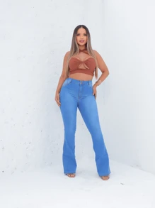 Faraya Jeans Women's Flare Pants High Waist With Lycra/Elastane, Butt Shaping, Medium Wash, - 藍色 - 查看 4