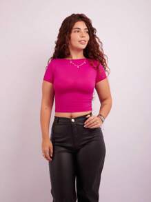 Women's Backless Cropped Baby Tee Open Back Polyamide - Hot Pink - View 5