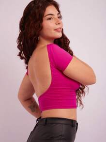 Women's Backless Cropped Baby Tee Open Back Polyamide - Hot Pink - View 1