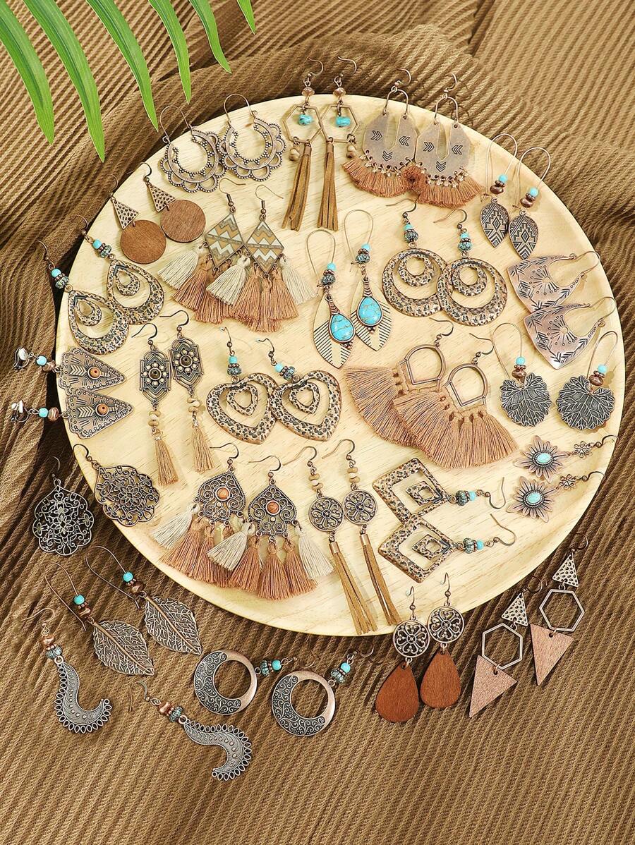 TopHanqi 25 par kolczyków z frędzlami w stylu vintage w kolorze brązowym z serii Maillard, kolczyki ze stopu, wiele stylów, lekkie, odpowiednie do codziennego noszenia przez kobiety, pasujące na imprezę, biżuteria w stylu boho, prezent świąteczny, pasujące do wszystkiego